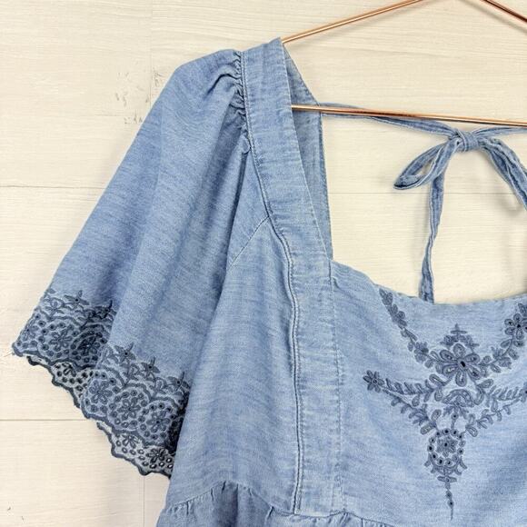 Old Navy Womens XL Chambray Flutter Sleeve Top Blouse Tie Back Boho Square Neck - Picture 4 of 15